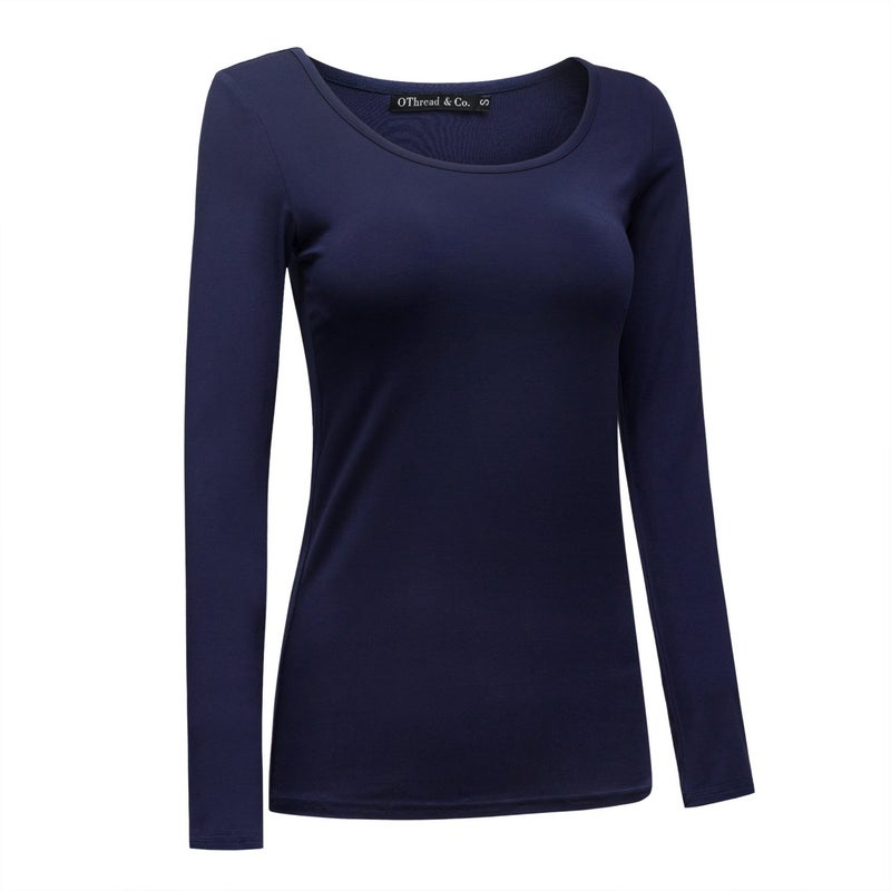 OThread & Co. Women's Long Sleeve T-Shirt Scoop Neck Basic Layer Stretchy Shirts (Medium, Navy) - Image 3